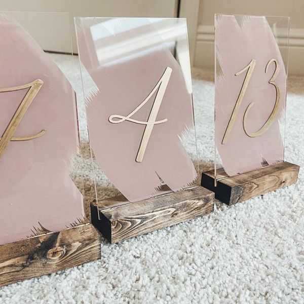 

party decoration personalized wedding table number acrylic sign gold foil calligraphy numbers with wood stand signage