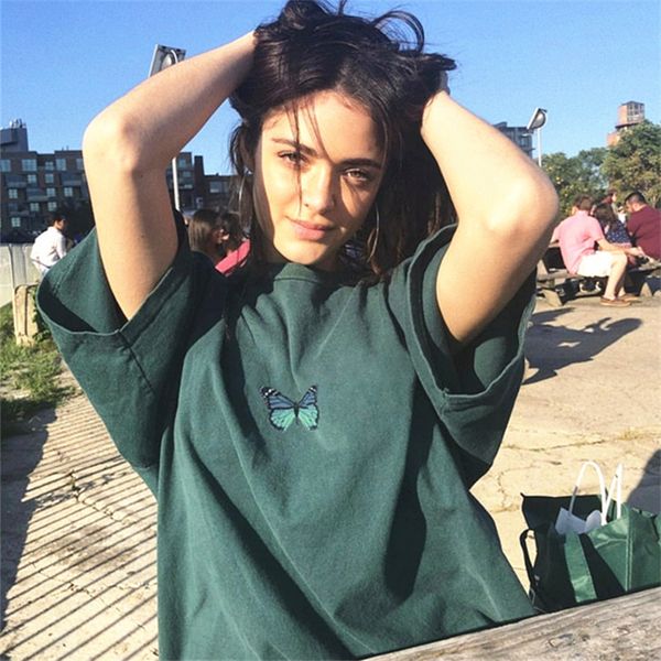 

new vintage butterfly embroidery loose tees women casual o neck green short sleeve shirt summer streetwear oversize t shirts 2021 r6v2, White