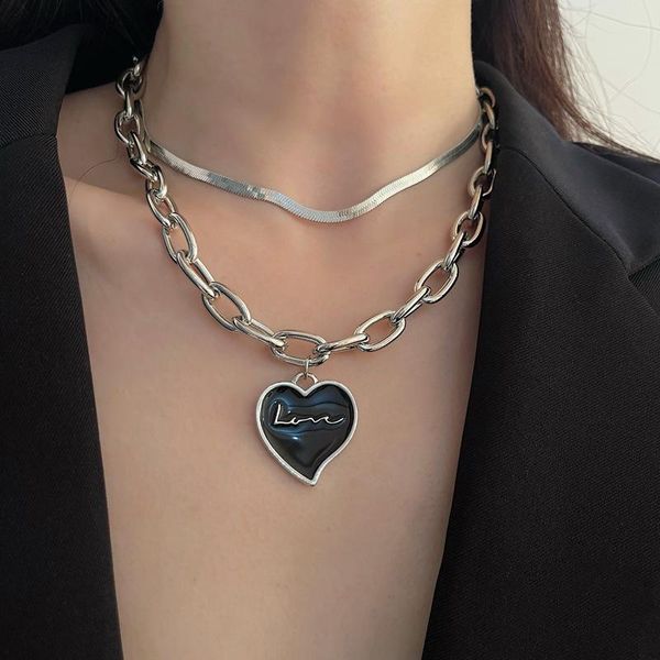 

pendant necklaces rock style double-layer black white love heart necklace for women snake chunky chain metal jewelry, Silver