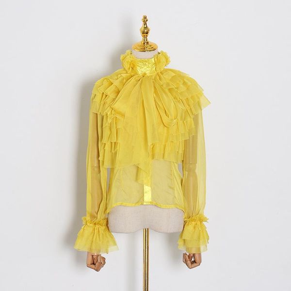 

women's blouses & shirts autumn women turtleneck tee bow tie perspective chiffon blouse shirt solid lantern sleeve, White