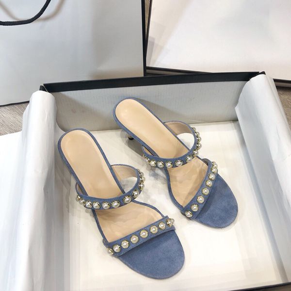 

summer fashion luxury brand pearl high heeled women's slippers round toe open one word strap stiletto beaded sandals 60% off store onli, Black