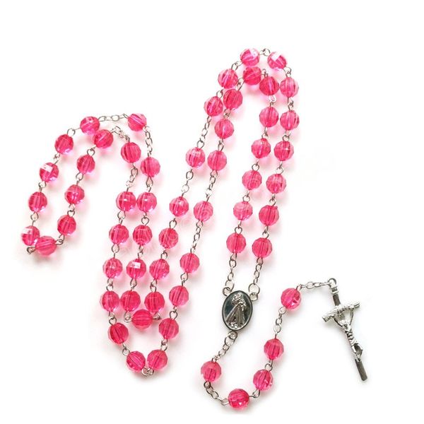 

pink acrylic rosary necklace for women religious jesus cross pendant prayer jewelry, Silver