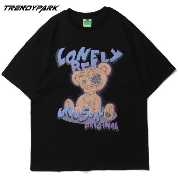 

men's t-shirt lonely bear printed summer short sleeve hip hop oversized cotton casual harajuku streetwear tee men tshirts 210601, White;black