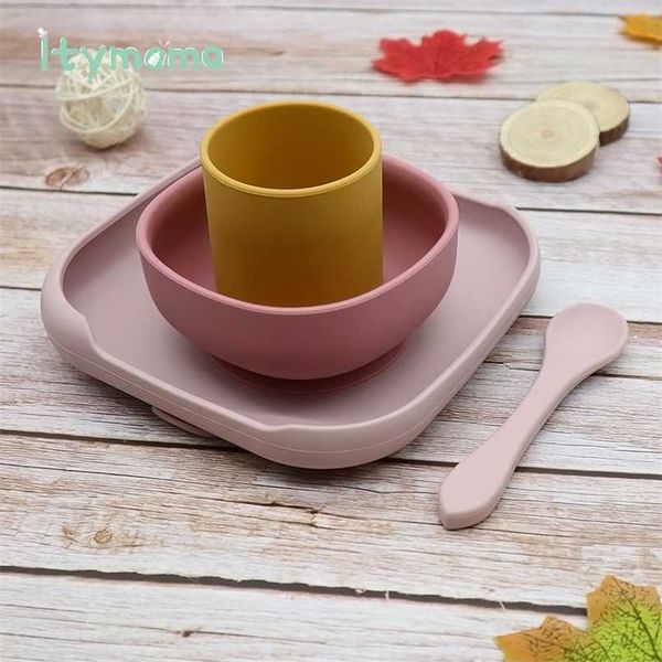 

4pc baby silicone plate set kids bowl plates feeding spoon children's dishes kid dinner platos tableware 211012