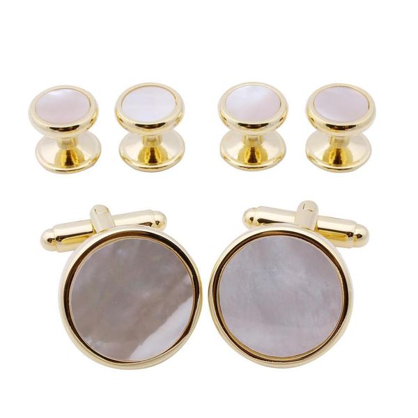 

trendy round gold plated mother of pearl cuff links with 4 studs set men's suit tuxedos jewelry cuff button yfmfh, Silver;golden