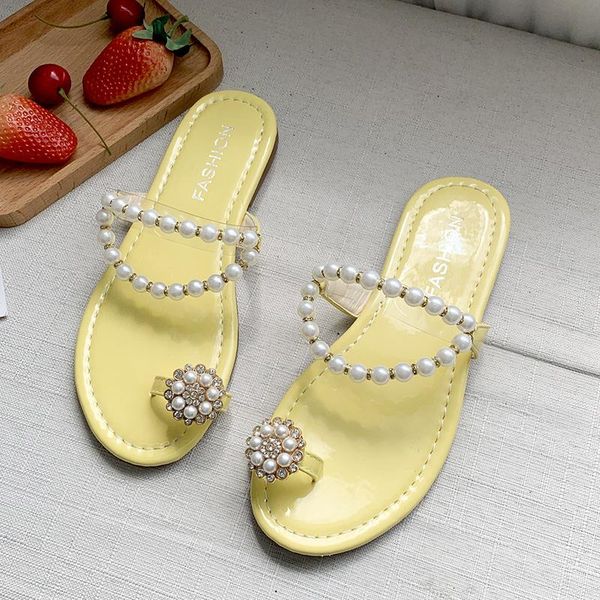 

slippers 2021 fashion women outdoor flat casual shoes woman rhinestone pearl slides summer vacation beach flip flop, Black