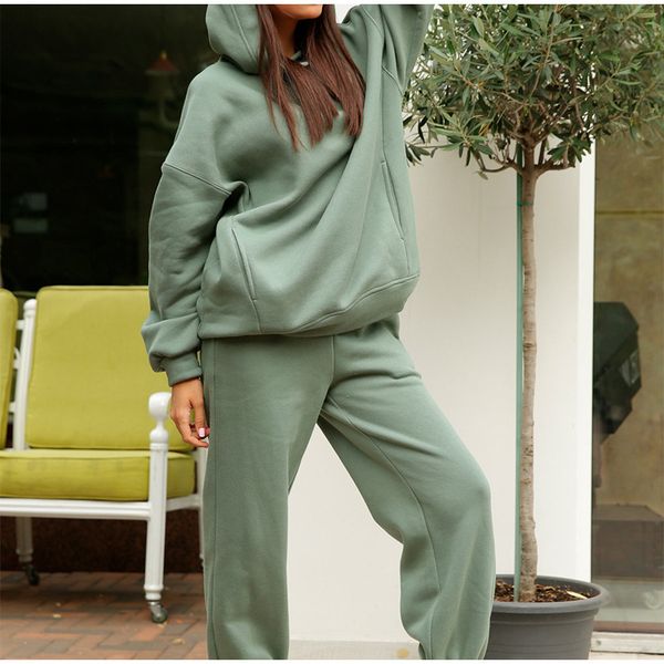 

2021 autumn and winter new fleece hooded sweater loose casual sports women's two-piece suit, White