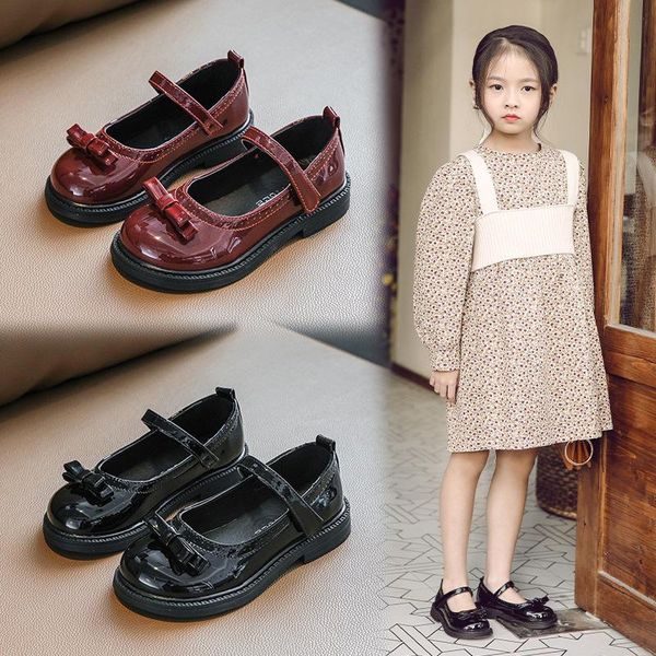 

flat shoes spring autumn girls for kids children school black leather student dress princess, Black;grey