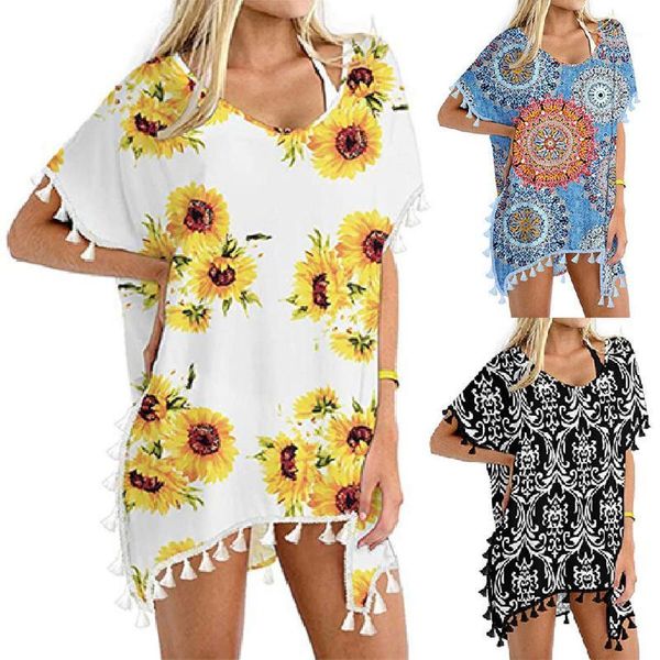 

tassels floral print cover-ups swimwear women chiffon swimsuit beach loose bikini cover up baÃ±adores mujer 2021 women's, White;black