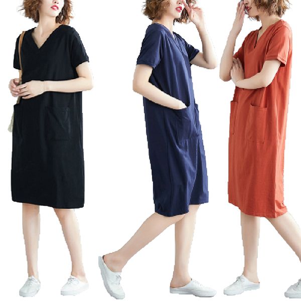 

fashion womens one-piece dress summer solid color clothes casual long t-shirt dress soft and breathable skin-friendly, Red;black