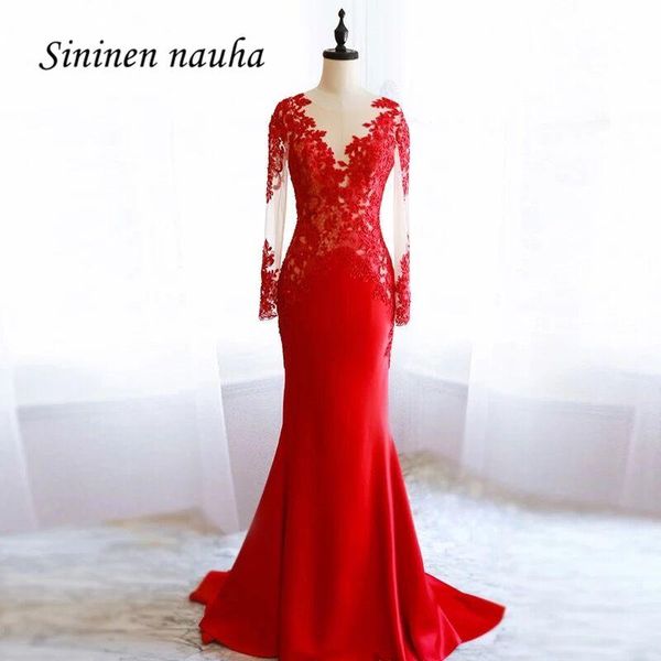 

party dresses red evening long sleeves v neck appliques mermaid satin formal dress vestidos de festa robe soiree 179, White;black