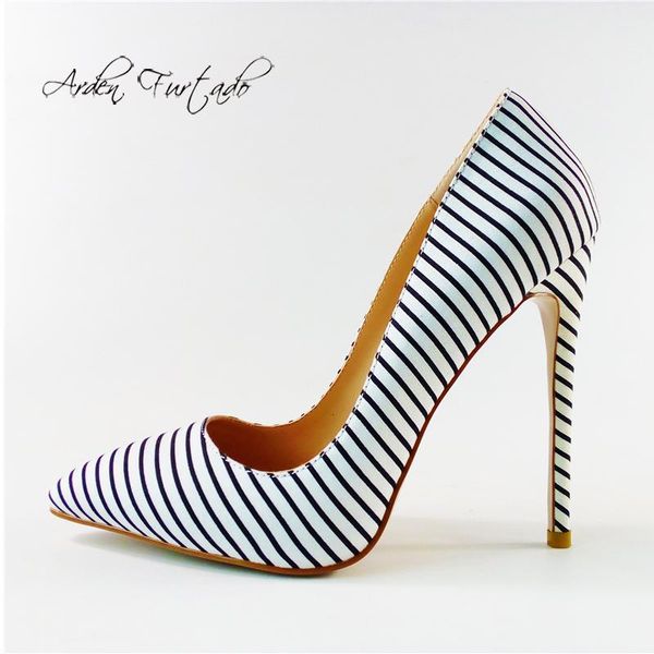 

dress shoes arden furtado 2021 spring fashion women's pointed toe shallow stilettos heels elegant slip-on striped pumps, Black