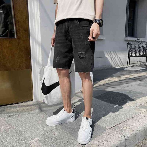 

black holes and rough hem capris 2020 denim shorts men's summer new fashion brand loose korean beggars pants, White;black