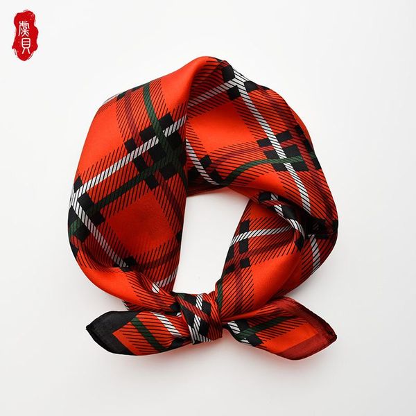

scarves red plaid natural silk scarf women printed deer 100% real 50cm small square headband for girl shawl wrap lady gift, Blue;gray