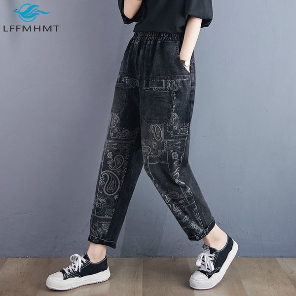 

2021 new large size women fashion folk traditional print elastic denim office lady high waist oversized trouser u2iv, Blue
