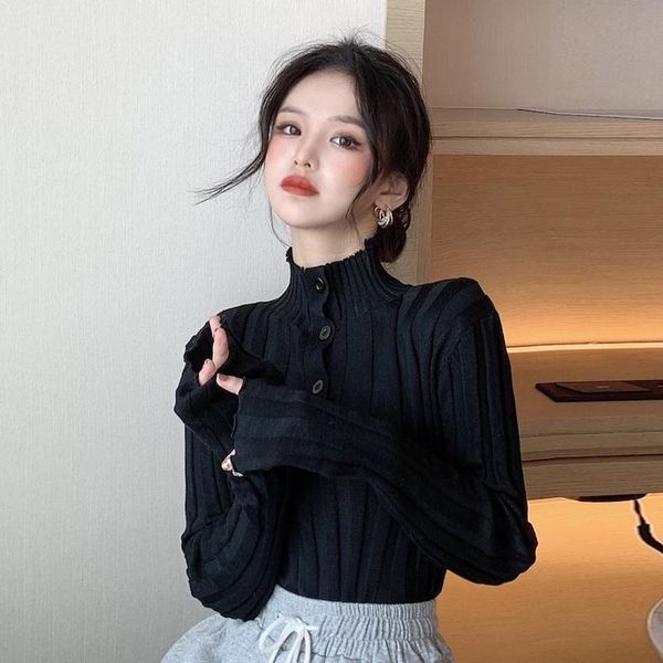 

women's sweaters half high collar chic button design sweater elegant temperament long sleeve pullover bottoming knitted woman, White;black