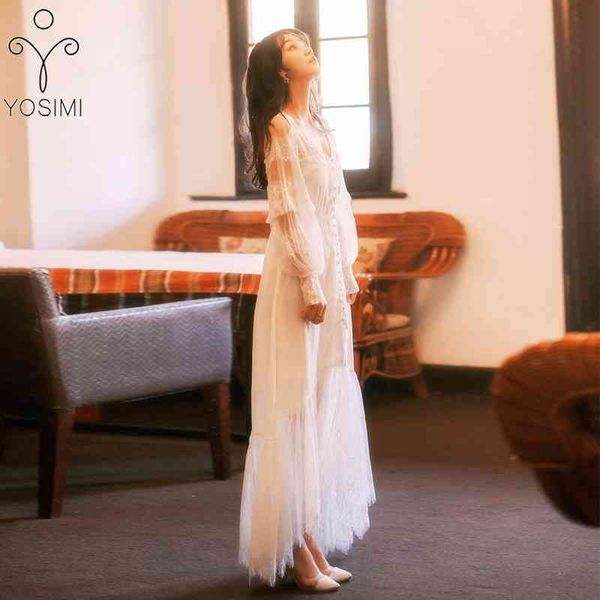 YOSIMI Summer White Lace Chiffon Women Dress Maxi Full Sleeve Long Fairy Slim Party Vestido femminile alla caviglia 210604