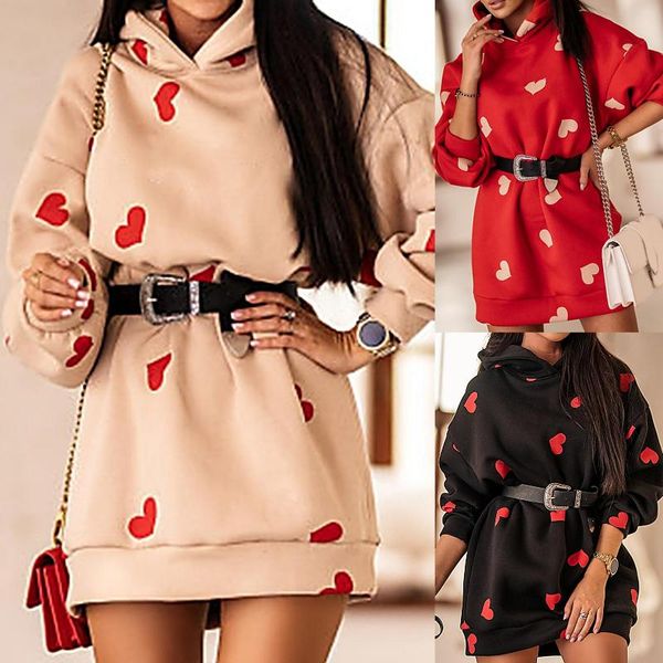 

casual dresses autumn winter women long sleeve love heart print sports loose hoodie mini dress, Black;gray