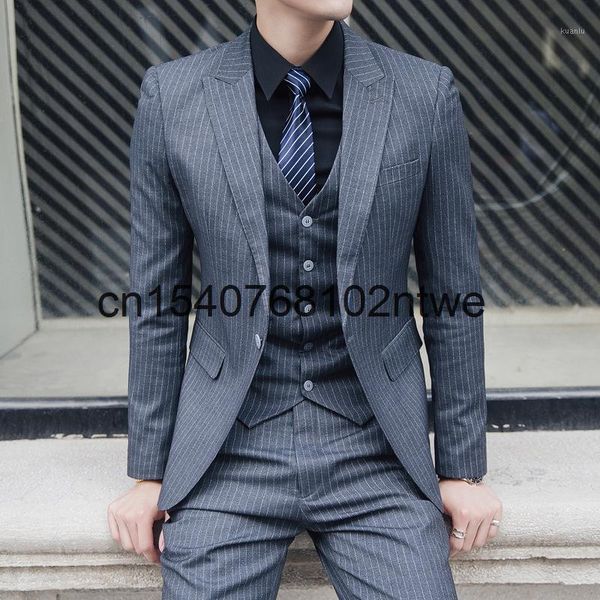 

striped suit men's three piece slim business wedding bridegroom casual handsome british suits & blazers, White;black