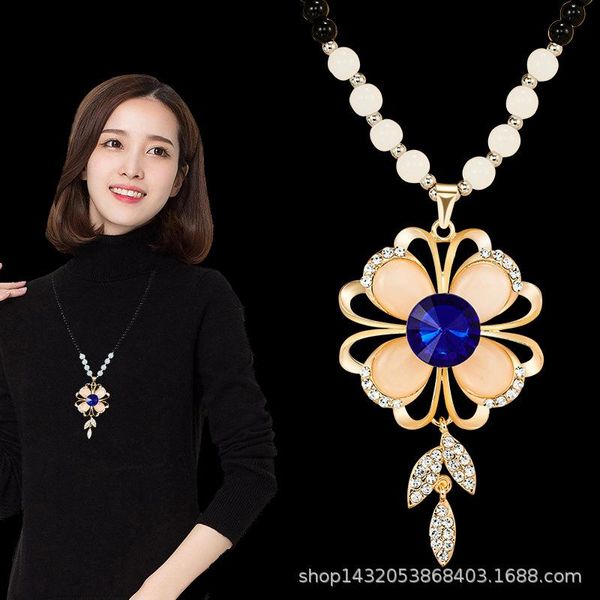 

pendant necklaces korean version of autumn and winter crystal necklace female snowflake sweater chain long wild tassel pearl jewelry, Silver