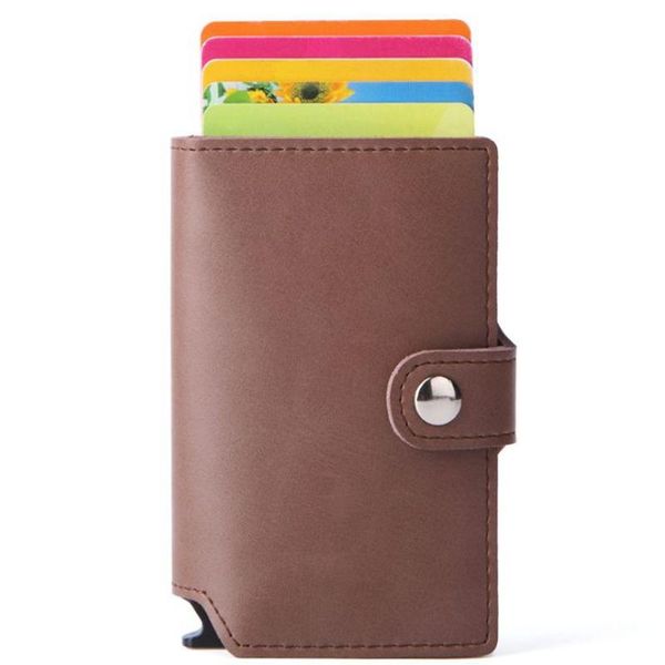 

card holders women men aluminum alloy business slim holder multifunction mini wallet genuine leather rfid protected id, Brown;gray