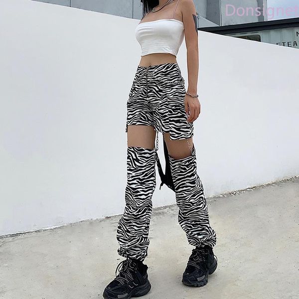 

women's pants & capris donsinet street fashion personalized chain hollow drawstring corset casual women high waist slim striped straigh, Black;white