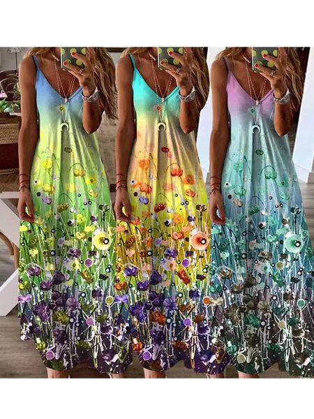 

casual dresses woman maxi dress summer cotton polyester sundress boho v neck spaghetti strap loose vintage female beach, Black;gray