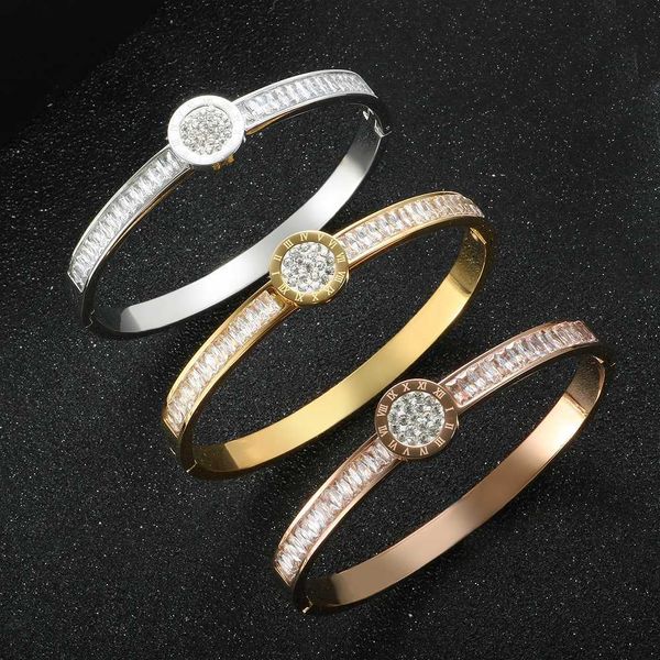 

luxury square rhinestone bangles for women men fashion cz crystal with roman numerals stainless steel bracelets jewelry gifts q0717, Black