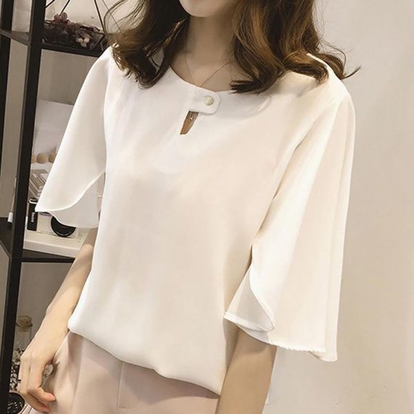 

plus size 4xl elegent women chiffon blouse fashion short flare sleeve solid o-neck casual loose shirts office ladies blusas, White