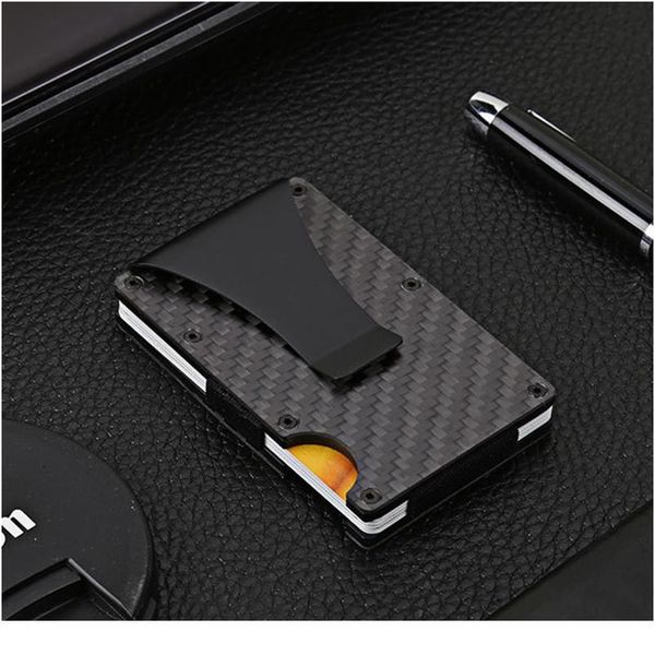 

1pcs men slim carbon fiber rfid blocking metal wallet money clip credit card holder qyluey