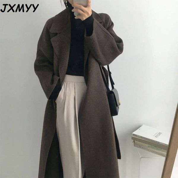 

jxmyy french lazy style warm female fresh winter classical belt retro loose women woolen coats chic casual long coat 210218, Black