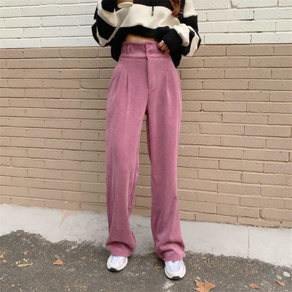 

pink women corduroy bottom new ol solid loose 2021 thicken straight high waist plus size chic pants casual trousers femme ioq2, Black;white