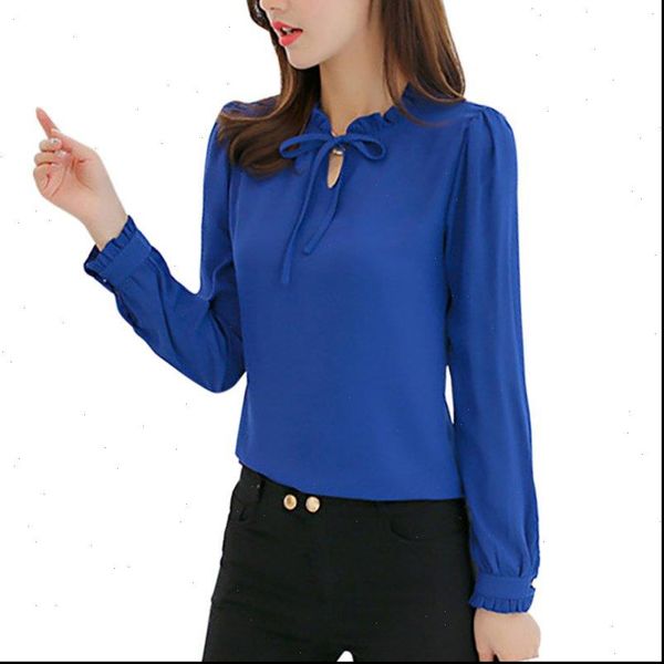 

spring women blue shirts long sleeve stand collar bow blouses elegant ladies chiffon blouse fashion office work wear, White