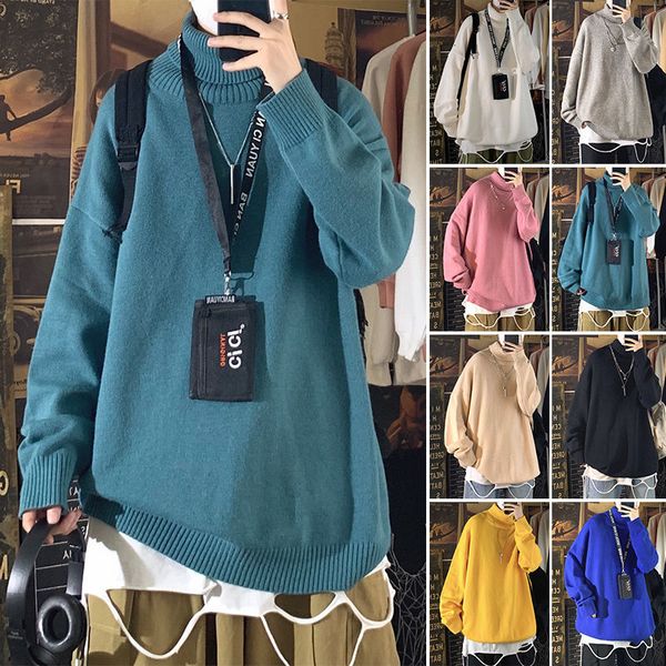 

2021 new winter turtleneck men's warm fashion casual knit pullover men wild loose korean solid color sweater mens clothes -2xl 5cvy, White;black