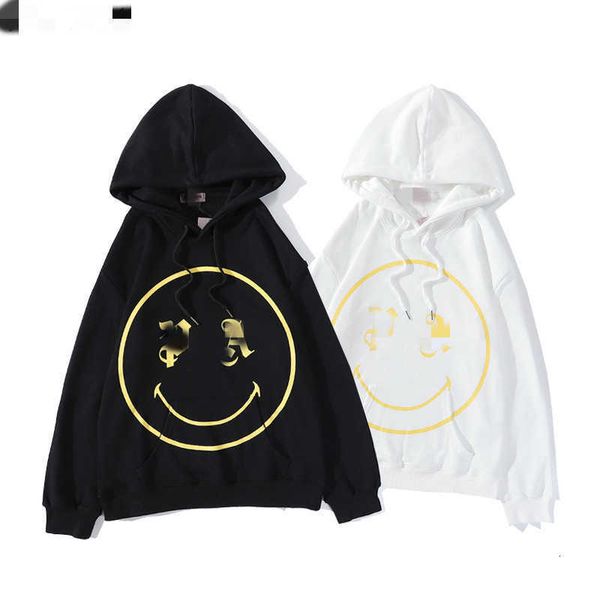 

high street loose smiling face print men's same hoodie couple, Black
