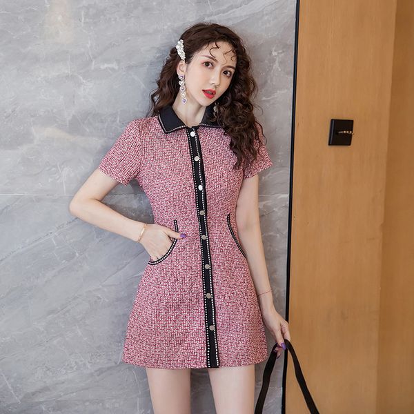 

new arrival fashion summer mini party women temperament elegant single breasted plaid pink sweet holiday beach slim dress o4a0, White;black