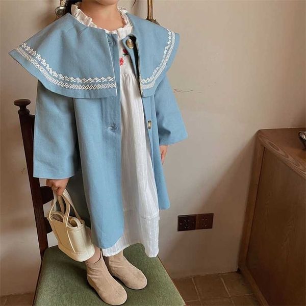 Sonbahar Bebek Kız Gökyüzü Mavi Rüzgarlık Kore Tarzı Toddlers Çocuklar Uzun Mont Çocuk Giysileri 211204