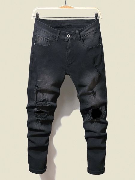 

men cut out ripped frayed bleach wash jeans n1fg#, Blue