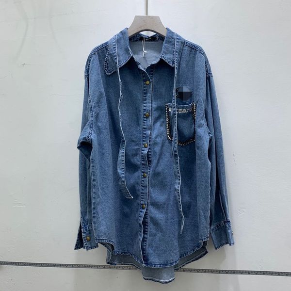

2021 autumn new design drill beaded belt casual all match thin full denim shirt women blouses zzdh, White;black
