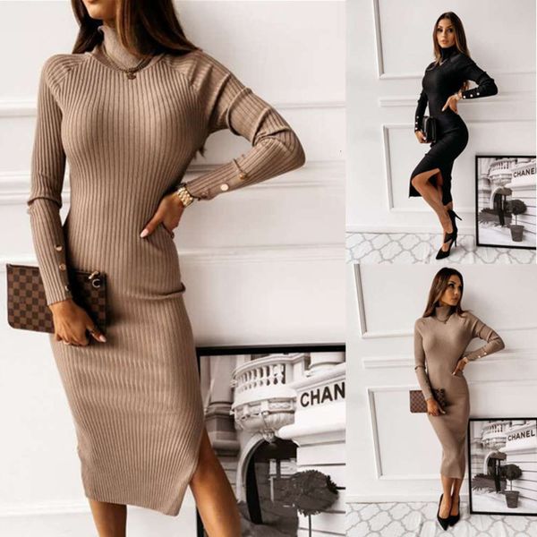 

autumn and winter 2020 new button decoration open back long sleeve solid color dress for women, Black;gray