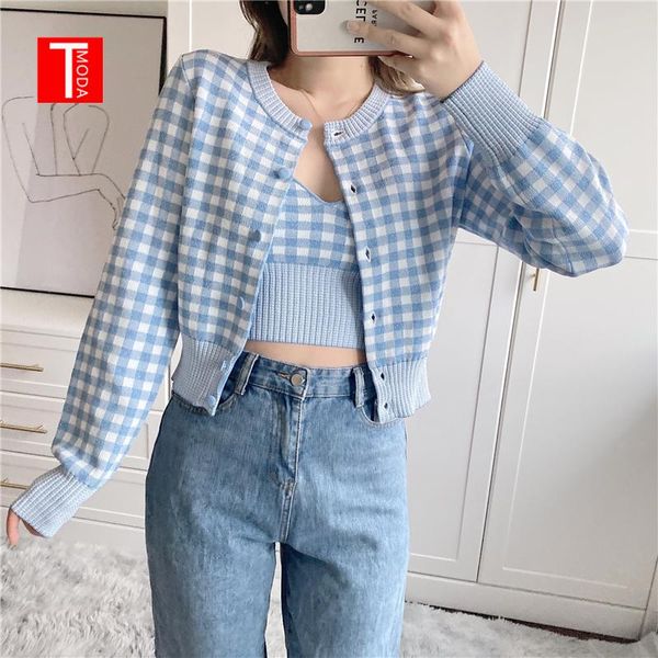 

women's knits & tees tmoda981 women 2021 fashion check buttons cropped knitted cardigan sweater vintage long sleeve female outerwear ch, White