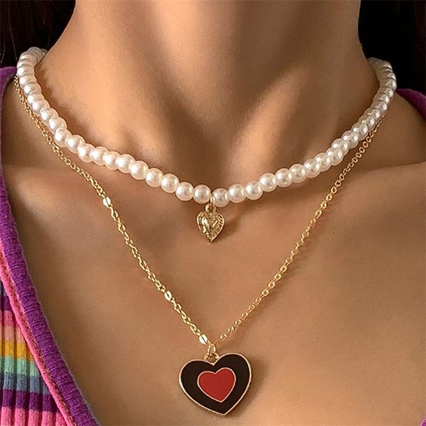 

pendant necklaces imitation pearl heart-shaped necklace for women painting oil tassel clavicle stacking jewelry gifts, Silver