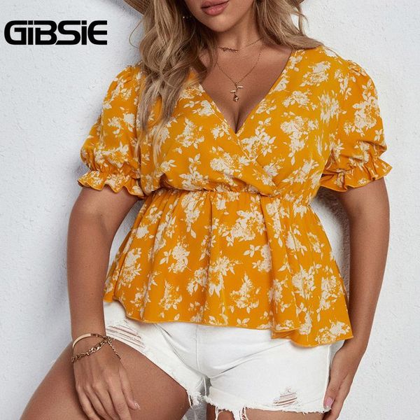 

plus size t-shirt gibsie surplice neck floral print puff sleeve blouses women summer casual vintage peplum blouse boho clothing