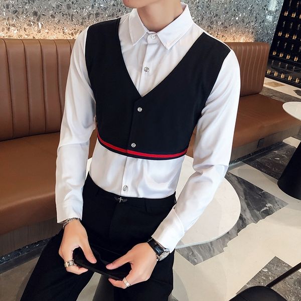 

new estilo britnico primavera novo 2021 fake-2pieces manga longa camisas casuais dos homens simples magro ajuste clube noturno/baile de 4fxn, Black;brown