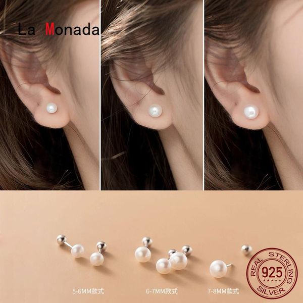 

stud la monada synthetic pearl minimalist sterling silver earrings women 925 jewelry woman screw, Golden;silver