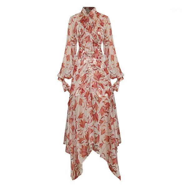 

casual dresses sash bow collar knotted lantern sleeves single-breasted buttons floor length print chiffon maxi dress, Black;gray