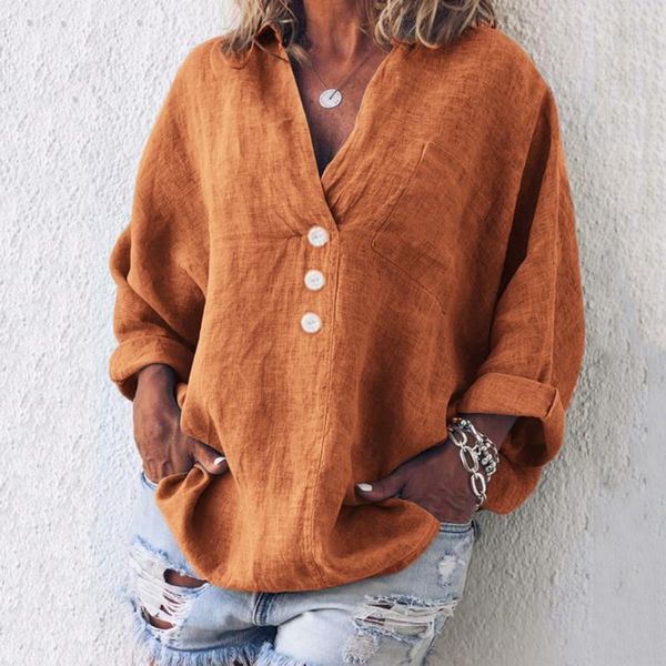

women's blouses & shirts vintage women shirt autumn fashion solid casual linen v-neck button long sleeve blouse camisas de mujer femme, White