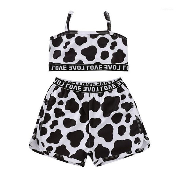 

clothing sets kids girls 2-piece outfit set 2021 summer letter cow pattern sling tank shorts for children 1-6 years11, White