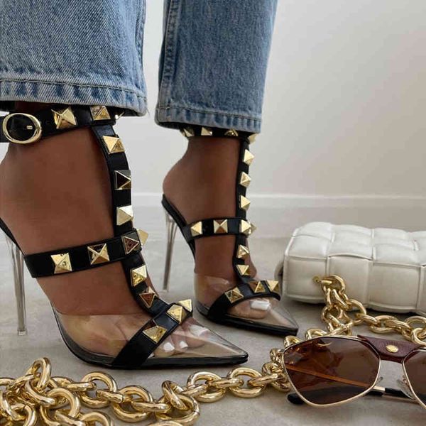 

dress shoes women 11.5cm high heels rivet pumps party sandals pointed toe summer footwear high-heeled 78hz, Black
