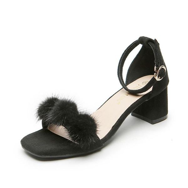 

sandals summer hoof high heels buckle square open toe flock ankle strap large size women shoes, Black